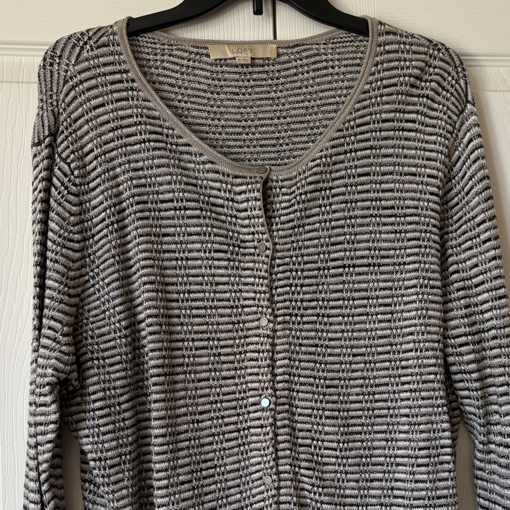 LOFT Women's Gray and Cream Cardigan with silver shimmer tread